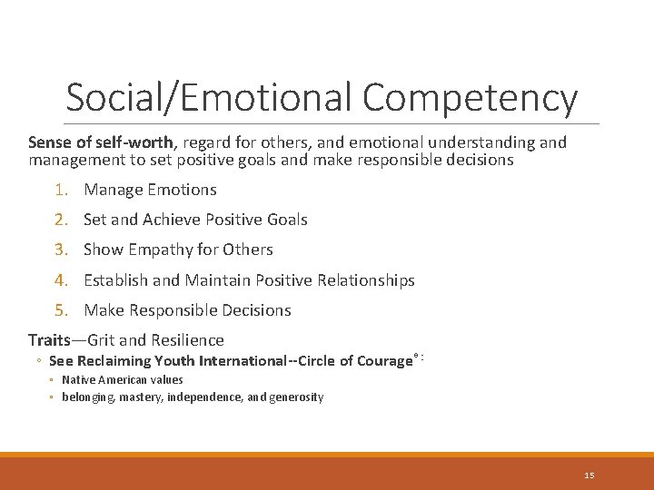 Social/Emotional Competency Sense of self-worth, regard for others, and emotional understanding and management to