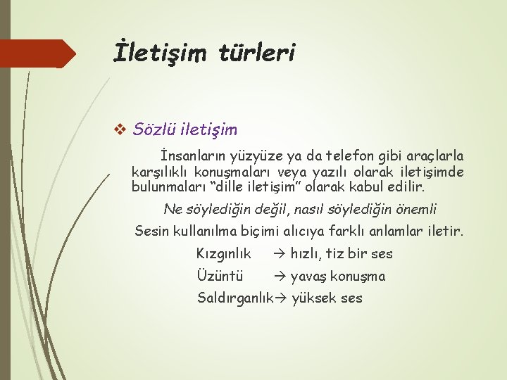İletişim türleri v Sözlü iletişim İnsanların yüzyüze ya da telefon gibi araçlarla karşılıklı konuşmaları