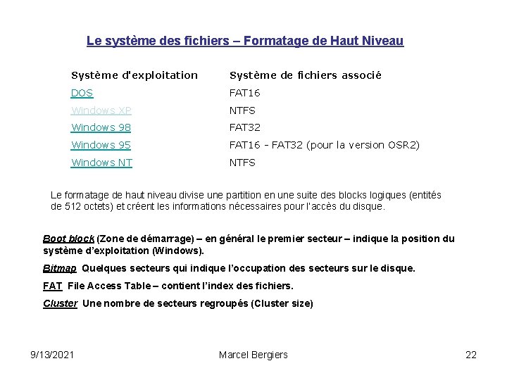 Le système des fichiers – Formatage de Haut Niveau Système d'exploitation Système de fichiers