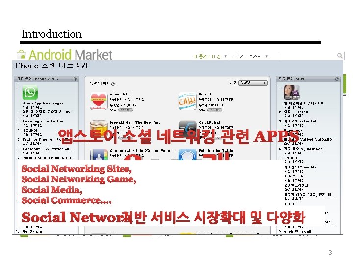 Introduction APPS 앱스토어 소셜 소셜 네트워킹 관련 APPS 안드로이드마켓 컨텐츠 관련 8220 개 544개