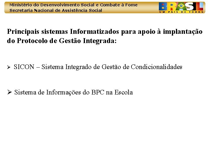 Ministério do Desenvolvimento Social e Combate à Fome Secretaria Nacional de Assistência Social Principais