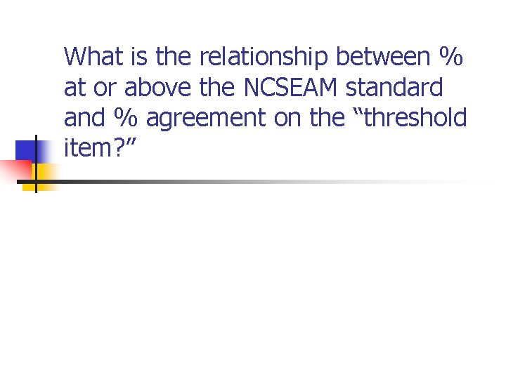 What is the relationship between % at or above the NCSEAM standard and %