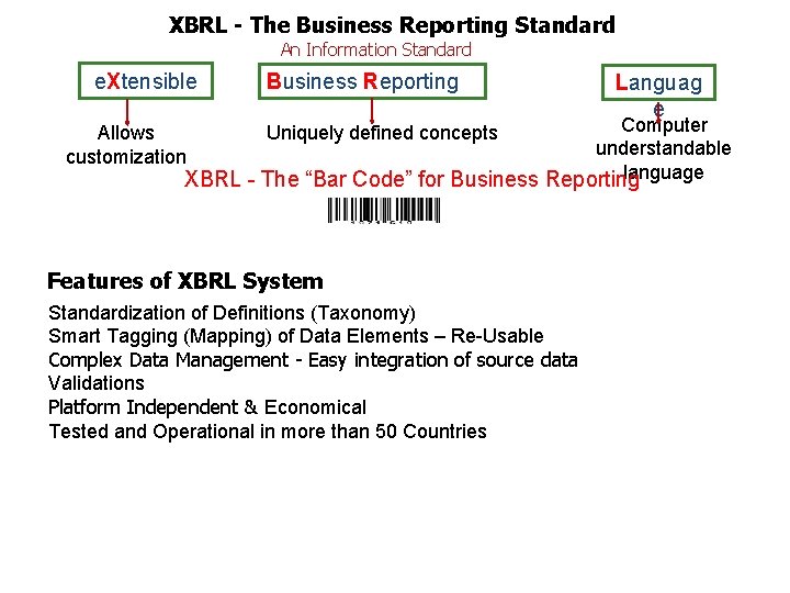 XBRL - The Business Reporting Standard An Information Standard e. Xtensible Business Reporting Languag