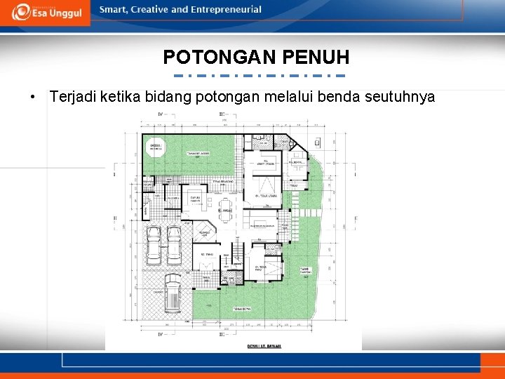 POTONGAN PENUH • Terjadi ketika bidang potongan melalui benda seutuhnya 