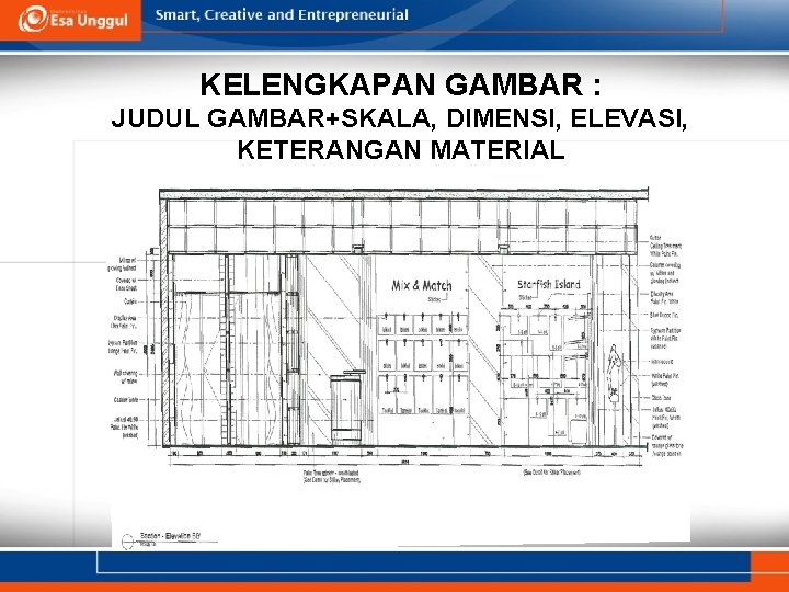 KELENGKAPAN GAMBAR : JUDUL GAMBAR+SKALA, DIMENSI, ELEVASI, KETERANGAN MATERIAL 