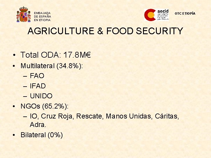 EMBAJADA DE ESPAÑA EN ETIOPIA OTC ETIOPÍA AGRICULTURE & FOOD SECURITY • Total ODA: