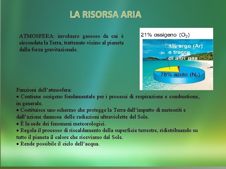 LA RISORSA ARIA ATMOSFERA: involucro gassoso da cui è circondata la Terra, trattenuto vicino