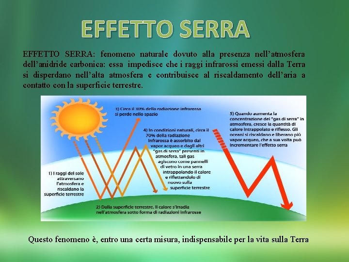 EFFETTO SERRA: fenomeno naturale dovuto alla presenza nell’atmosfera dell’anidride carbonica: essa impedisce che i