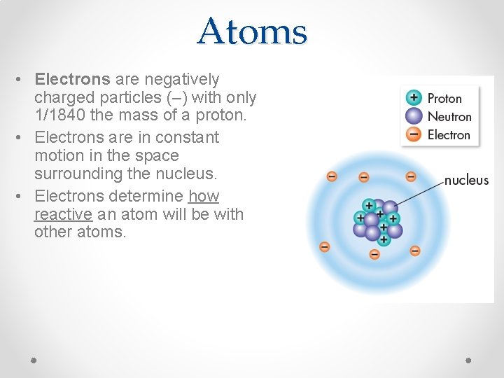 Atoms • Electrons are negatively charged particles (–) with only 1/1840 the mass of