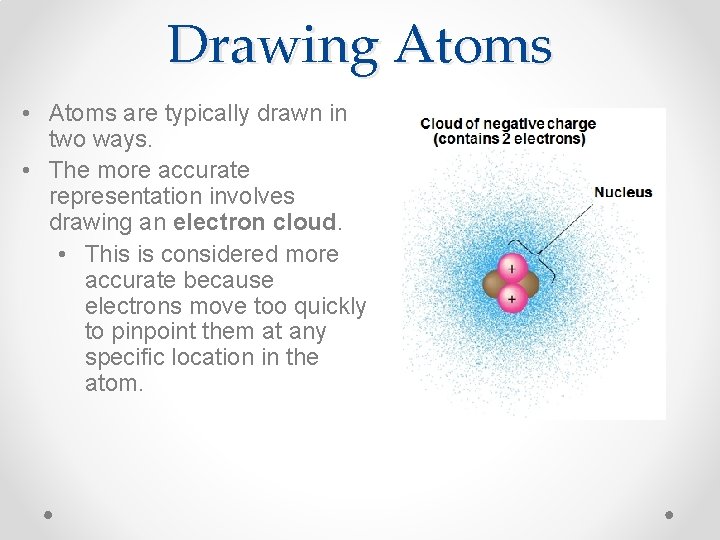 Drawing Atoms • Atoms are typically drawn in two ways. • The more accurate