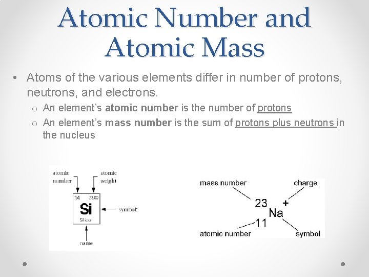 Atomic Number and Atomic Mass • Atoms of the various elements differ in number