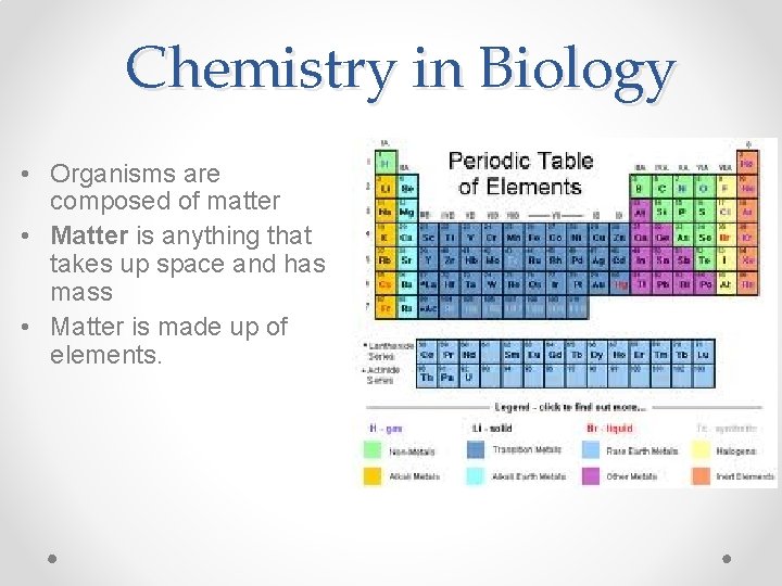 Chemistry in Biology • Organisms are composed of matter • Matter is anything that