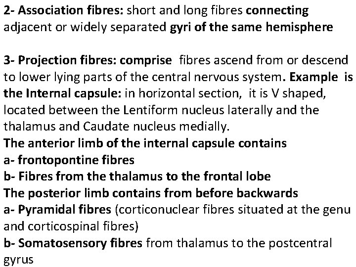 2 - Association fibres: short and long fibres connecting adjacent or widely separated gyri