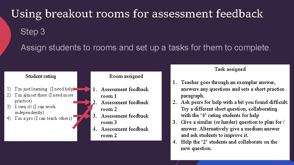 Using breakout rooms for assessment feedback Step 3 Assign students to rooms and set