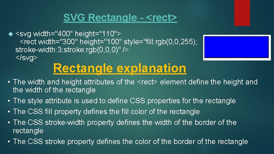 SVG Rectangle - <rect> <svg width="400" height="110"> <rect width="300" height="100" style="fill: rgb(0, 0, 255); SVG Rectangle - <rect> <svg width="400" height="110"> <rect width="300" height="100" style="fill: rgb(0, 0, 255);