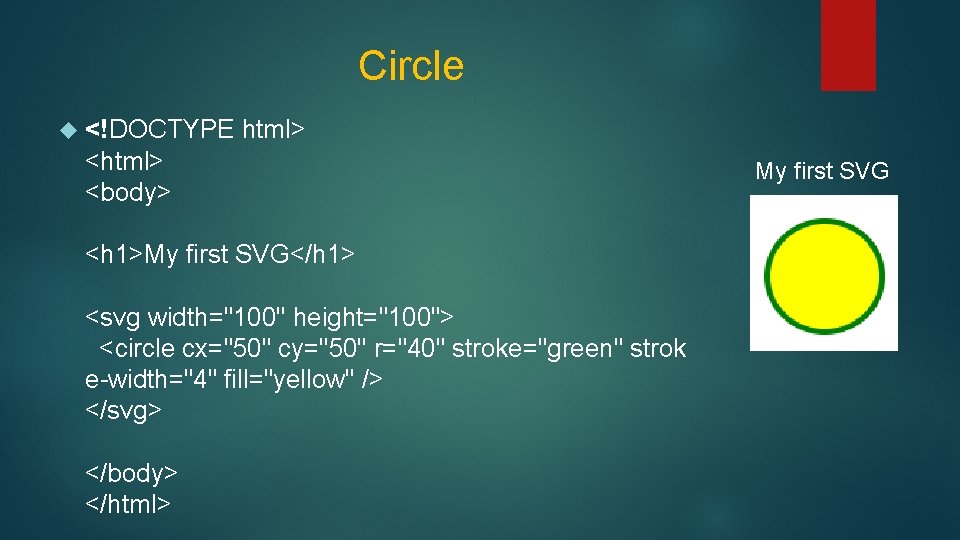 Circle <!DOCTYPE html> <body> <h 1>My first SVG</h 1> <svg width="100" height="100"> <circle cx="50" Circle <!DOCTYPE html> <body> <h 1>My first SVG</h 1> <svg width="100" height="100"> <circle cx="50"