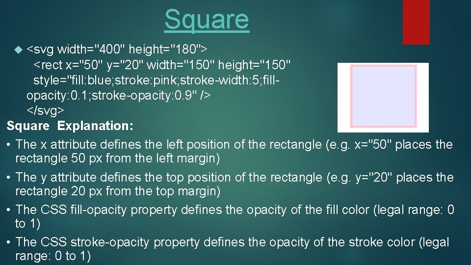 Square <svg width="400" height="180"> <rect x="50" y="20" width="150" height="150" style="fill: blue; stroke: pink; stroke-width: Square <svg width="400" height="180"> <rect x="50" y="20" width="150" height="150" style="fill: blue; stroke: pink; stroke-width: