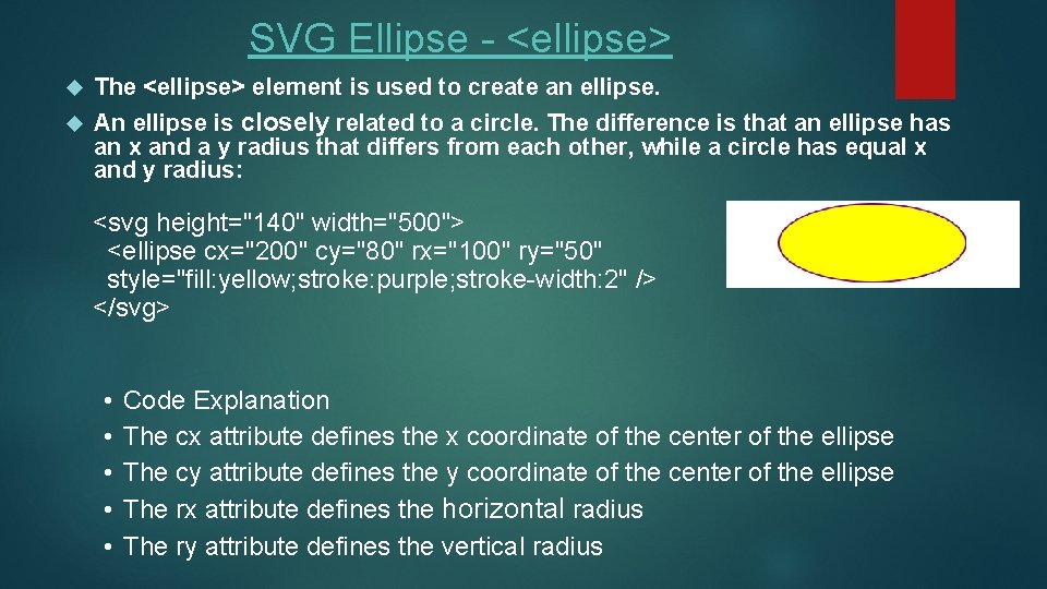 SVG Ellipse - <ellipse> The <ellipse> element is used to create an ellipse. An SVG Ellipse - <ellipse> The <ellipse> element is used to create an ellipse. An