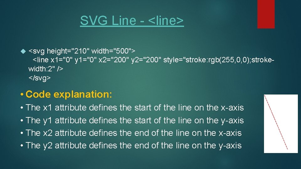 SVG Line - <line> <svg height="210" width="500"> <line x 1="0" y 1="0" x 2="200" SVG Line - <line> <svg height="210" width="500"> <line x 1="0" y 1="0" x 2="200"