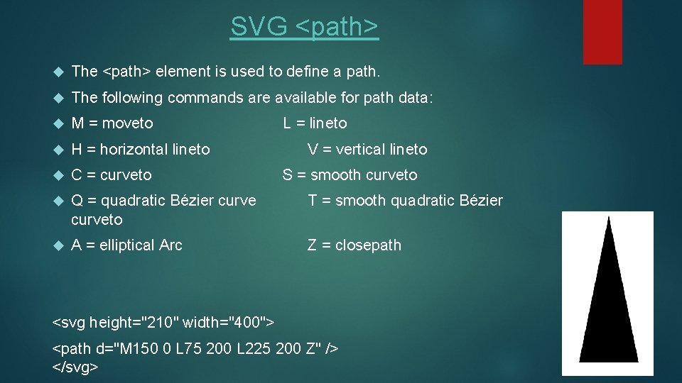 SVG <path> The <path> element is used to define a path. The following commands SVG <path> The <path> element is used to define a path. The following commands