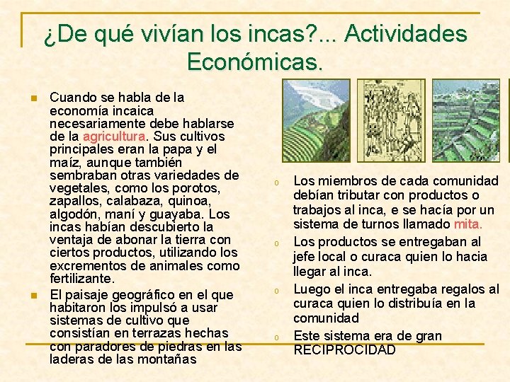 ¿De qué vivían los incas? . . . Actividades Económicas. n n Cuando se