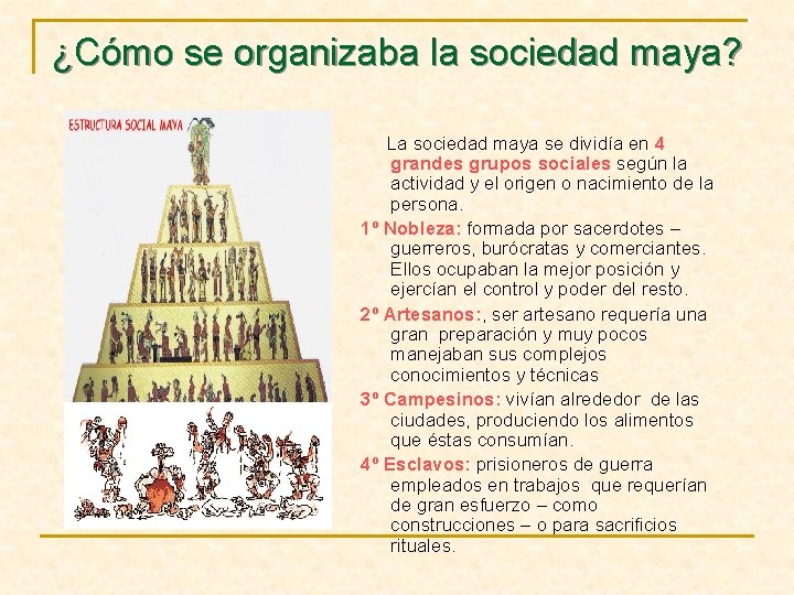 ¿Cómo se organizaba la sociedad maya? La sociedad maya se dividía en 4 grandes