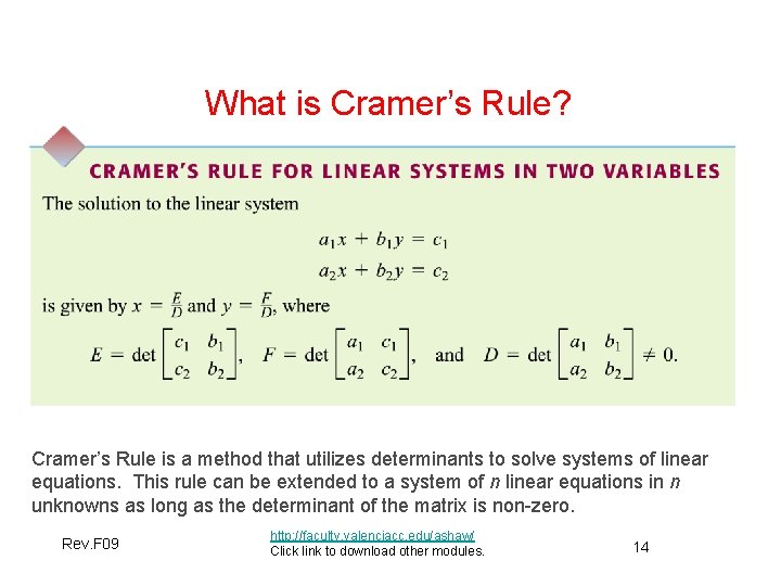 What is Cramer’s Rule? Cramer’s Rule is a method that utilizes determinants to solve