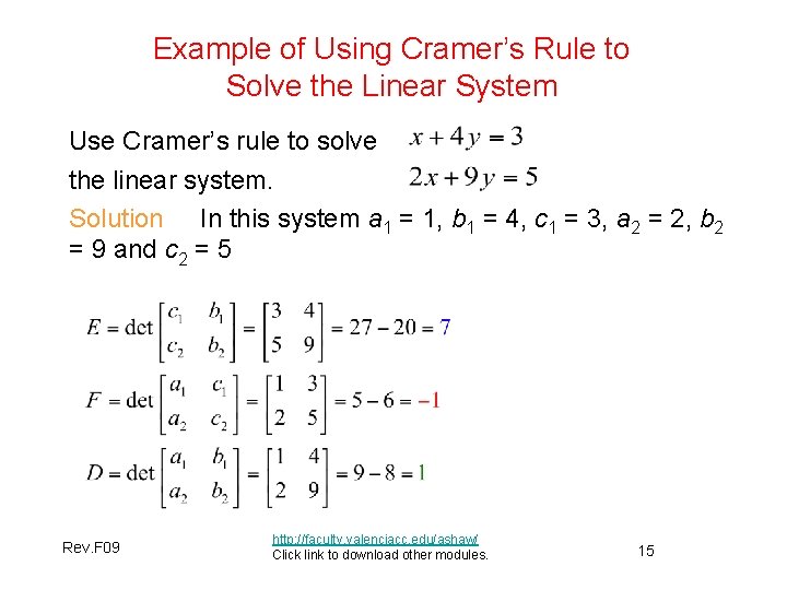Example of Using Cramer’s Rule to Solve the Linear System Use Cramer’s rule to