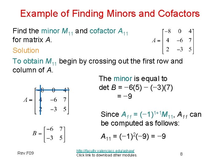Example of Finding Minors and Cofactors Find the minor M 11 and cofactor A