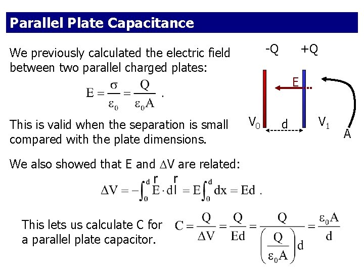 Parallel Plate Capacitance -Q We previously calculated the electric field between two parallel charged