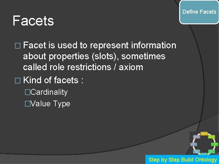 Define Facets � Facet is used to represent information about properties (slots), sometimes called