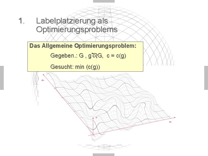 1. Labelplatzierung als Optimierungsproblems Das Allgemeine Optimierungsproblem: Gegeben. : G , g G, c