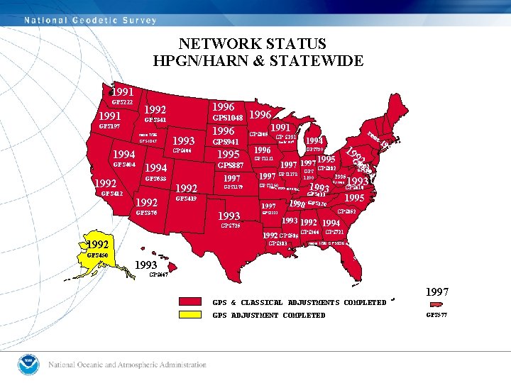 NETWORK STATUS HPGN/HARN & STATEWIDE 1991 GPS 197 reos 7/96 GPS 1047 GPS 606