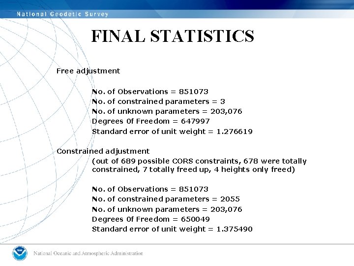 FINAL STATISTICS Free adjustment No. of Observations = 851073 No. of constrained parameters =