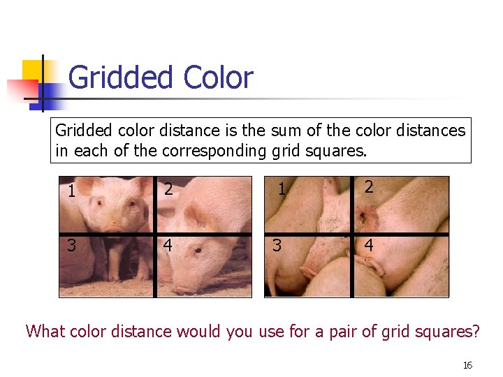 Gridded Color Gridded color distance is the sum of the color distances in each