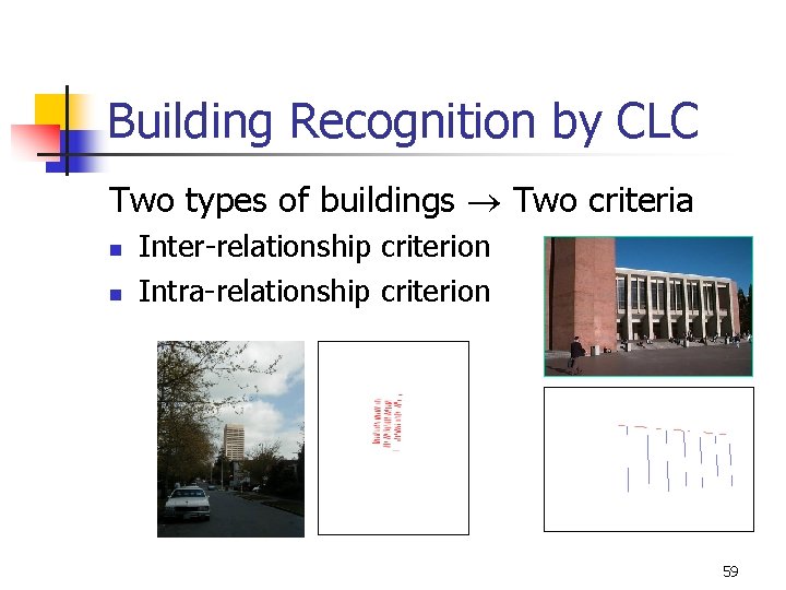 Building Recognition by CLC Two types of buildings Two criteria n n Inter-relationship criterion