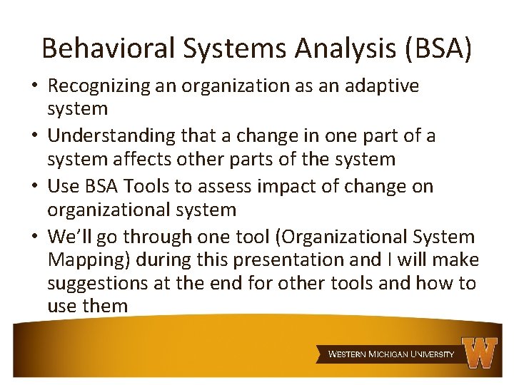 Behavioral Systems Analysis (BSA) • Recognizing an organization as an adaptive system • Understanding