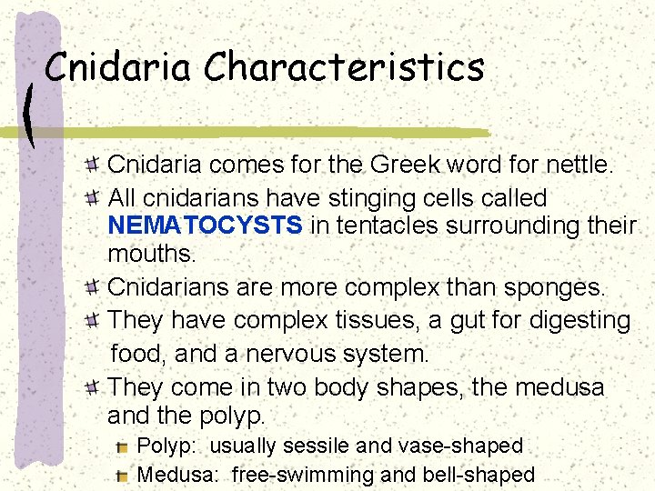 Cnidaria Characteristics Cnidaria comes for the Greek word for nettle. All cnidarians have stinging