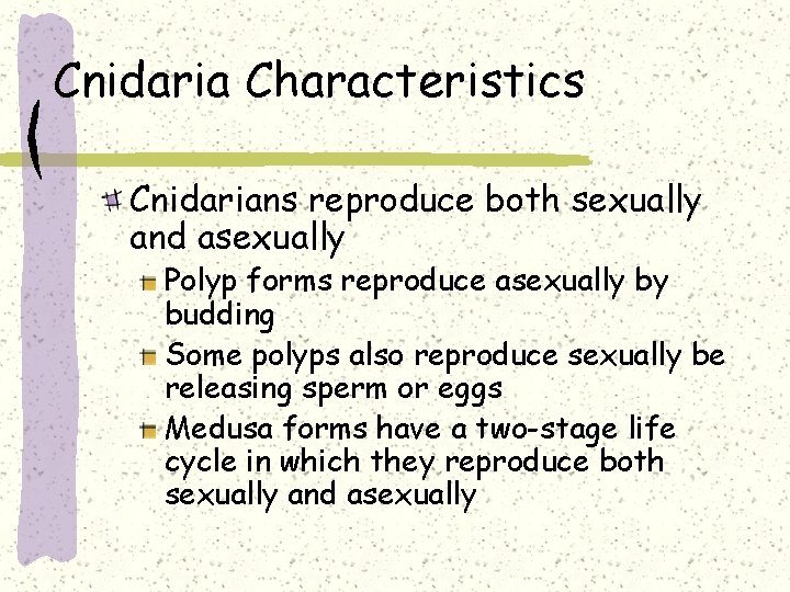 Cnidaria Characteristics Cnidarians reproduce both sexually and asexually Polyp forms reproduce asexually by budding