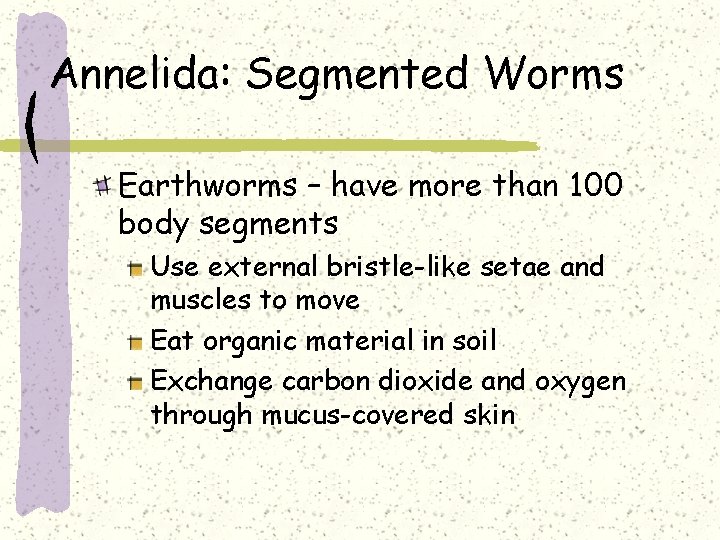 Annelida: Segmented Worms Earthworms – have more than 100 body segments Use external bristle-like