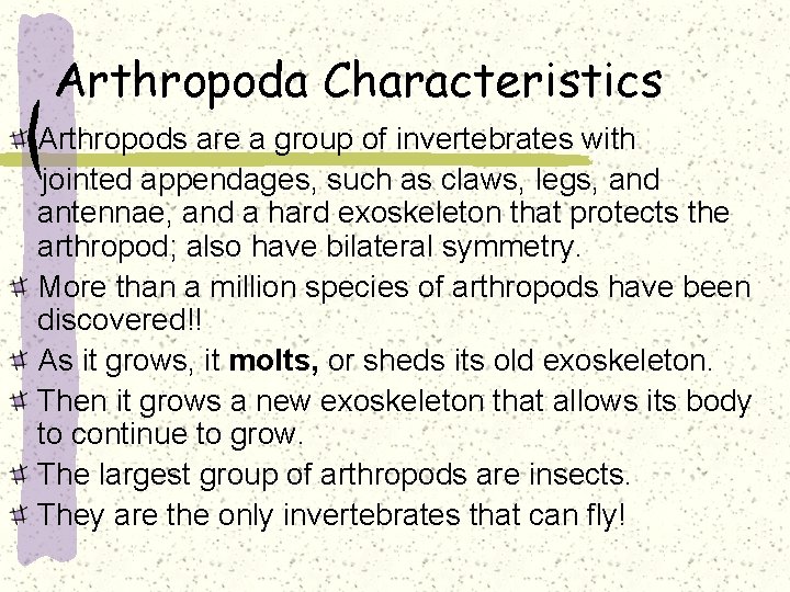 Arthropoda Characteristics Arthropods are a group of invertebrates with jointed appendages, such as claws,
