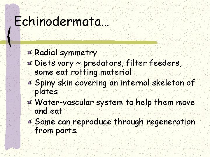 Echinodermata… Radial symmetry Diets vary ~ predators, filter feeders, some eat rotting material Spiny
