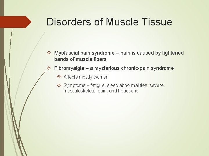Disorders of Muscle Tissue Myofascial pain syndrome – pain is caused by tightened bands