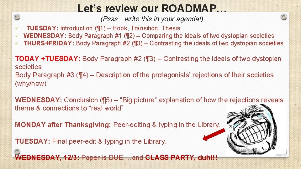 Let’s review our ROADMAP… (Psss…write this in your agenda!) ü ü ü TUESDAY: Introduction
