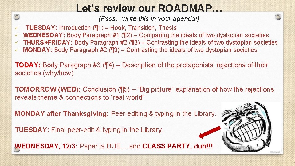 Let’s review our ROADMAP… (Psss…write this in your agenda!) ü ü TUESDAY: Introduction (¶