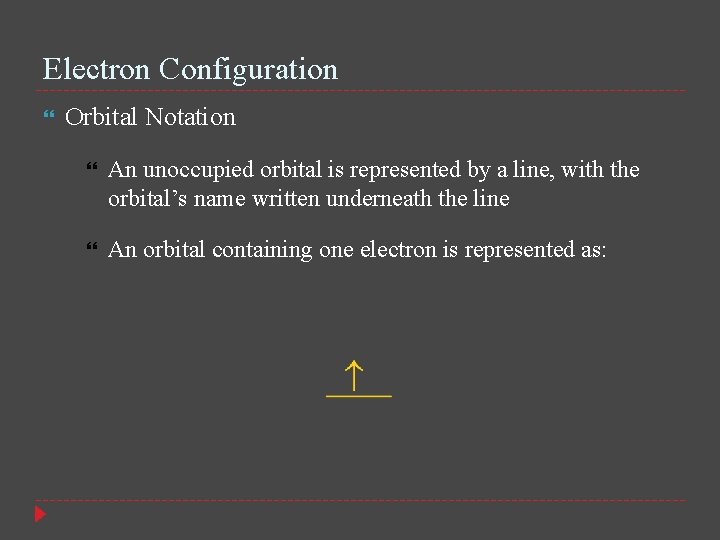 Electron Configuration Orbital Notation An unoccupied orbital is represented by a line, with the