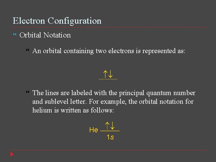 Electron Configuration Orbital Notation An orbital containing two electrons is represented as: The lines