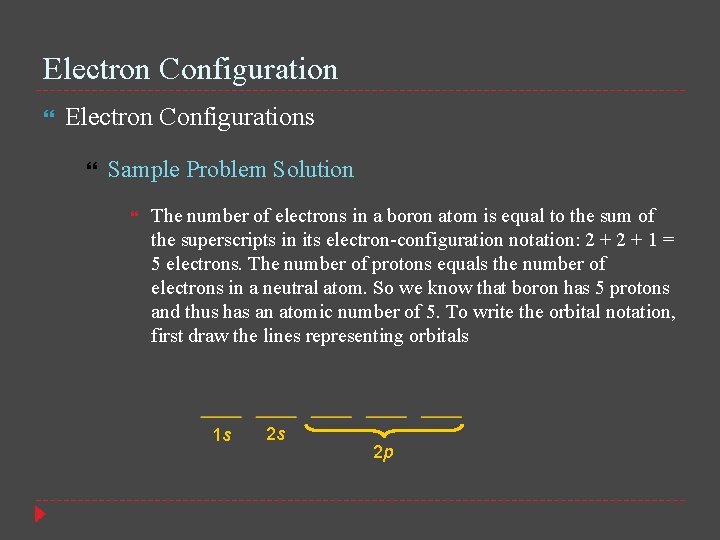Electron Configuration Electron Configurations Sample Problem Solution The number of electrons in a boron