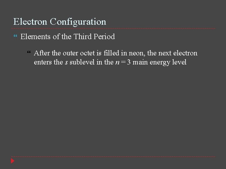 Electron Configuration Elements of the Third Period After the outer octet is filled in