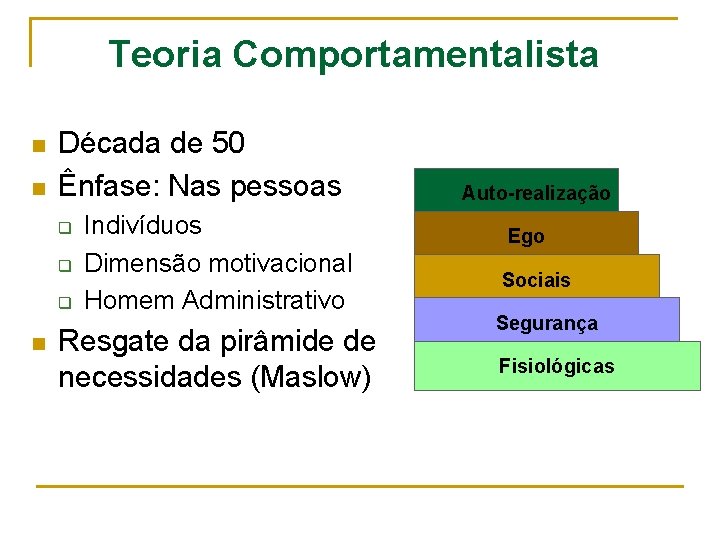 Teoria Comportamentalista n n Década de 50 Ênfase: Nas pessoas q q q n